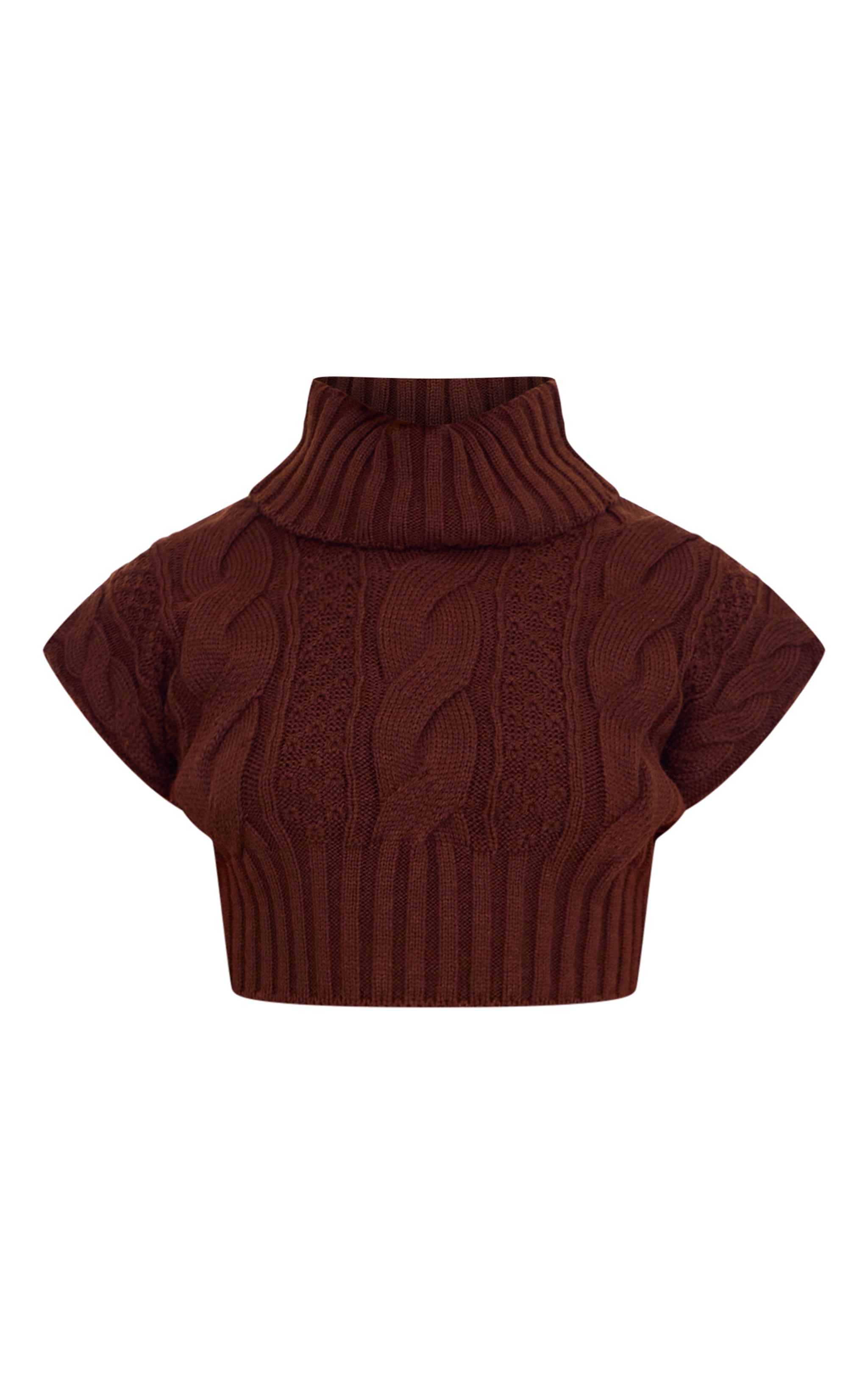 Chocolate Cable Knit Roll Neck Cap Sleeve Cropped Vest image 5