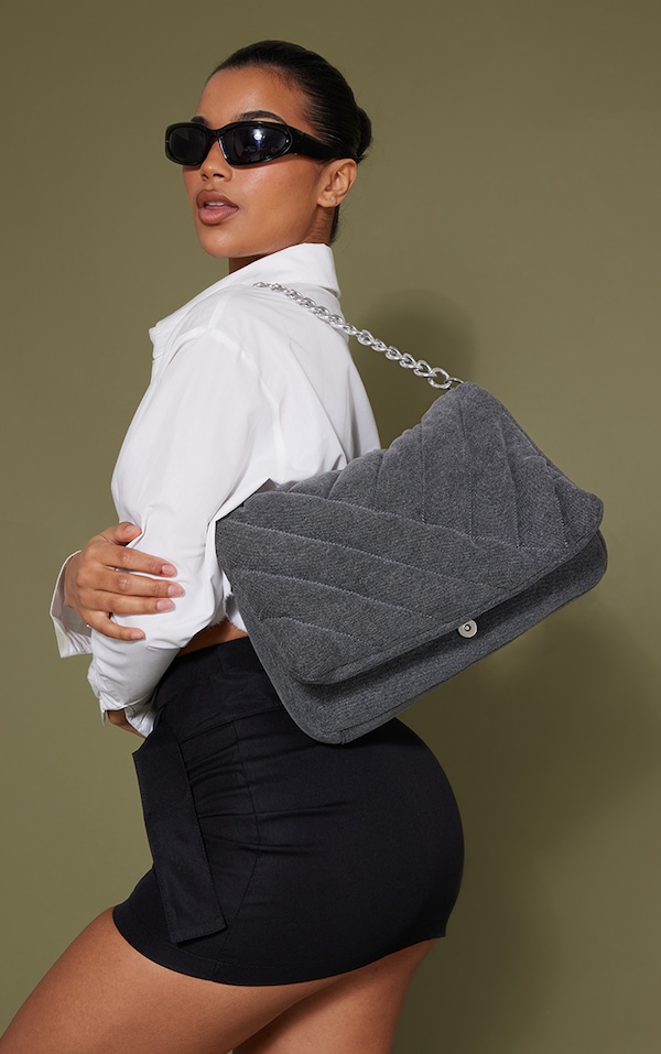 Grey Acid Wash Quilted Denim Shoulder Bag PrettyLittleThing