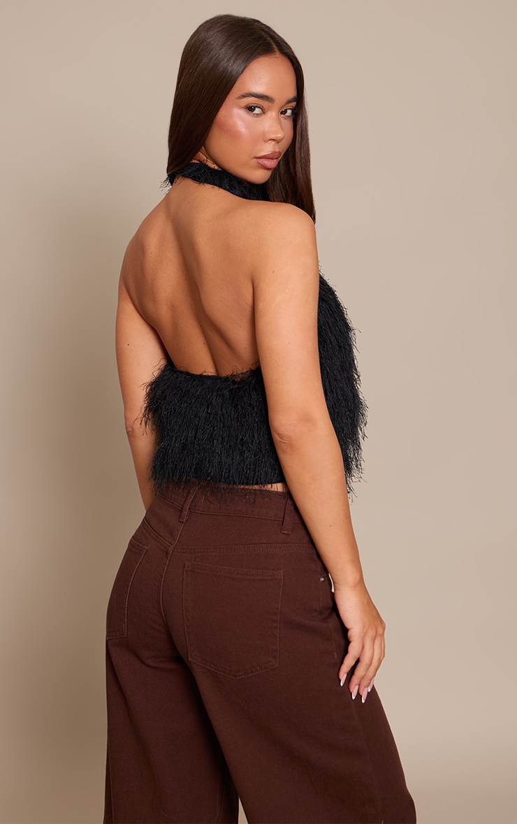 BLack Textured Faux Fur Cowl Neck Top image 2