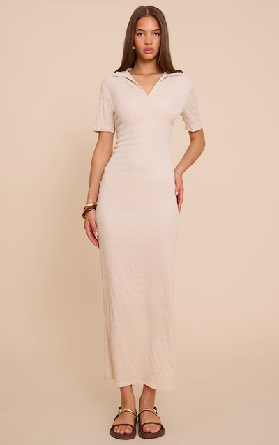 Cream Textured Cap Sleeve Collar Maxi Dress