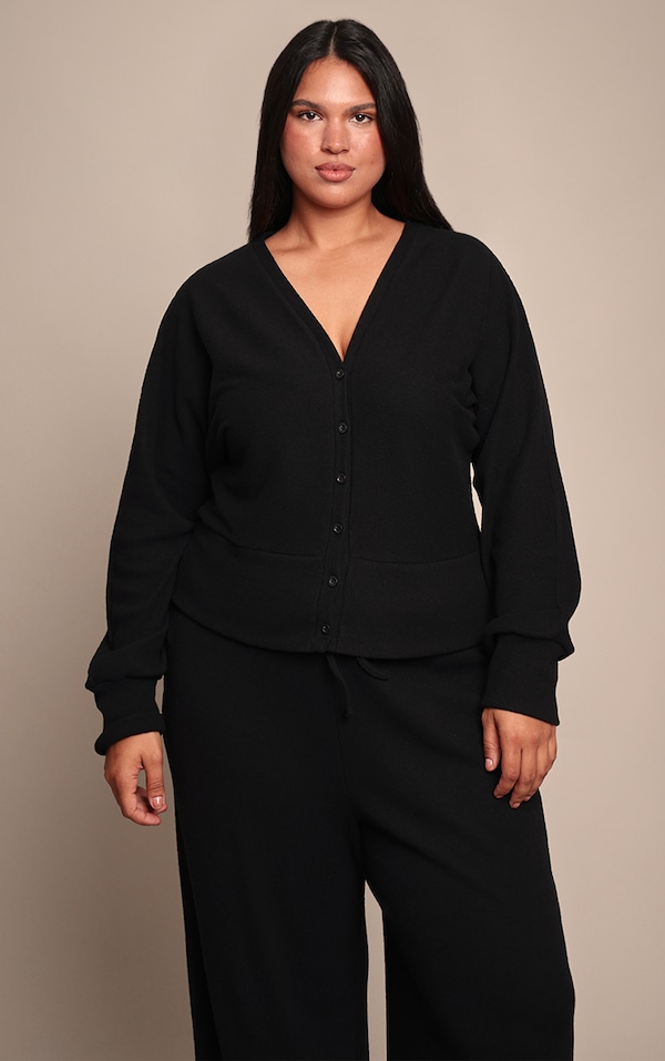 Plus Black Soft Ribbed Button Up Cardigan