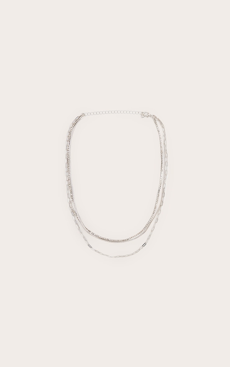 Silver Layered Diamante Fine Chain Necklace image 2