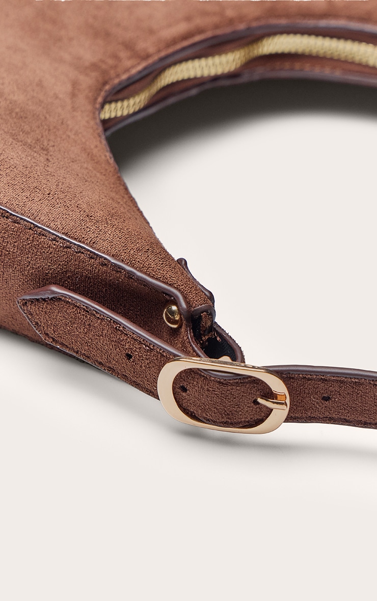 Chocolate Faux Suede Curved Shoulder Bag image 5