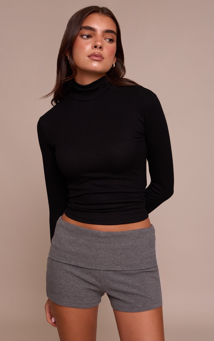 Charcoal Thick Rib Fold Over Detail Hotpant