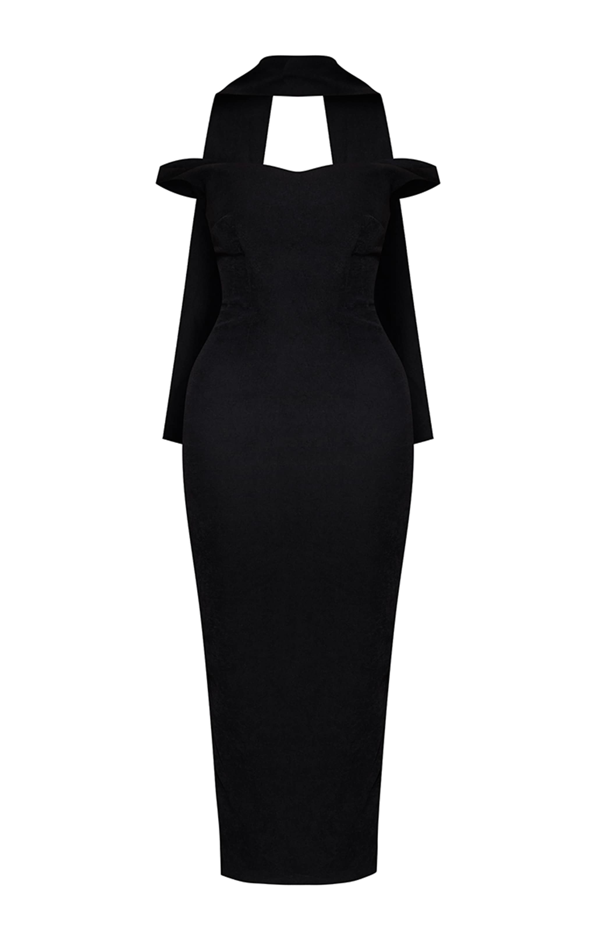 Robe mi-longue deluxe noire à col bardot à détail foulard image 6