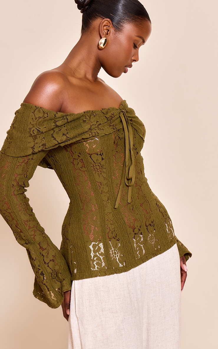 Dark Olive Fitted Lace Flared Sleeve Bardot Top image 4