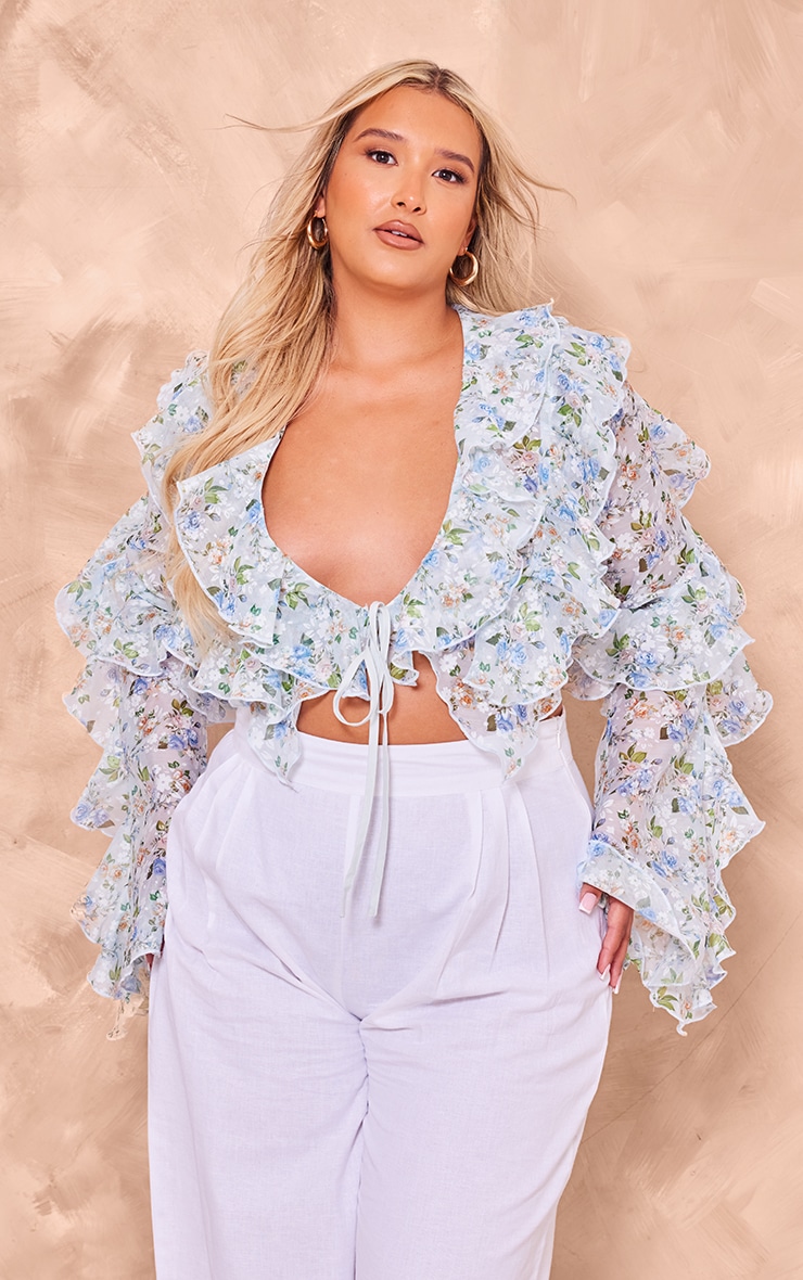 Plus Blue Floral Woven Ruffle Tie Crop Blouse | Plus Size