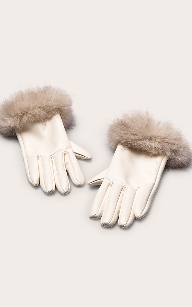 Cream With Faux Mink Fur Trim Gloves image 3