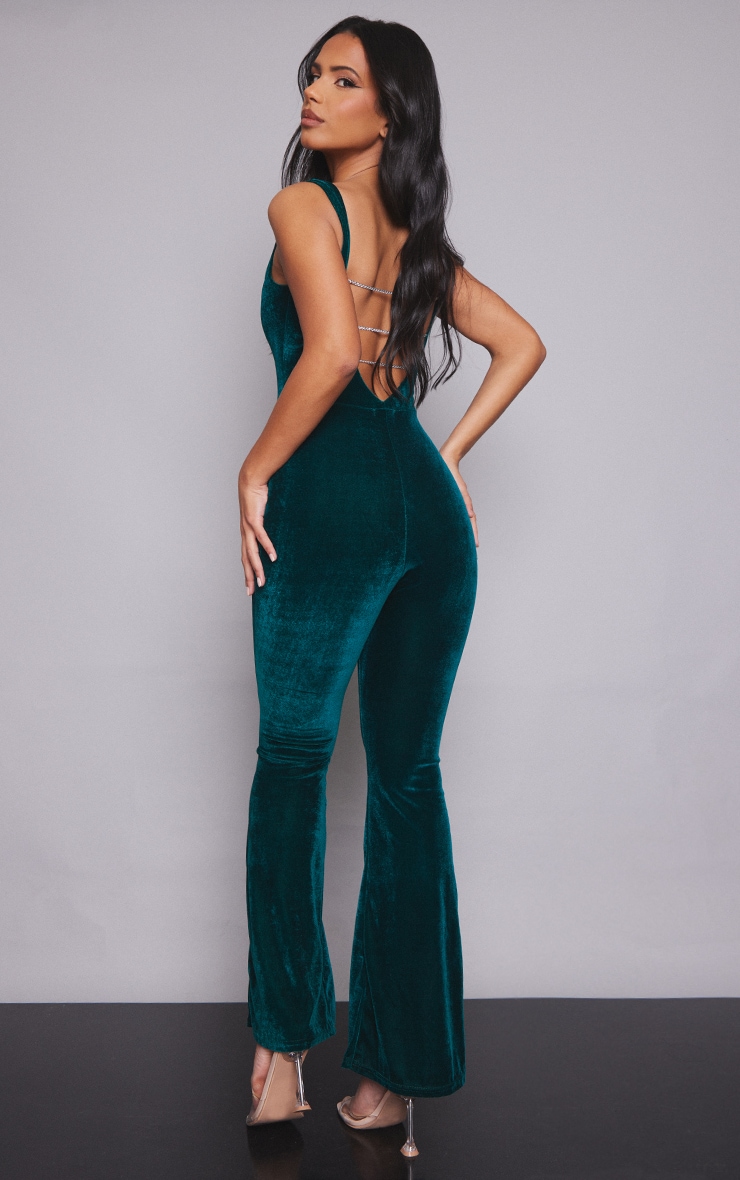 Emerald Green Diamante Strap Detail Plunge Velvet Jumpsuit image 2