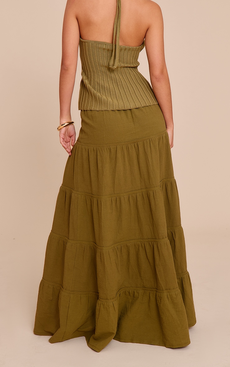 Olive Cotton Tiered Drawstring Waist Maxi Skirt image 3