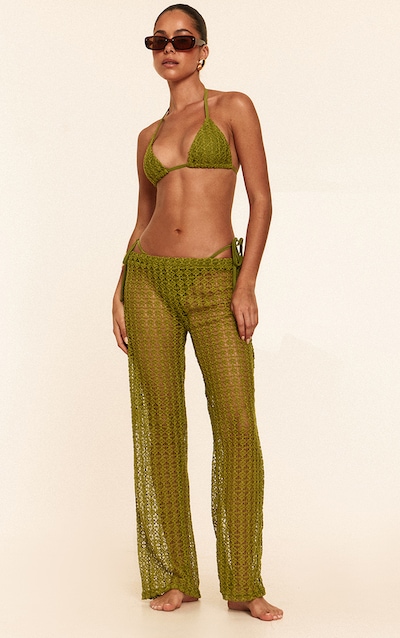 Olive Crochet Low Waist Wide Leg Beach Trousers