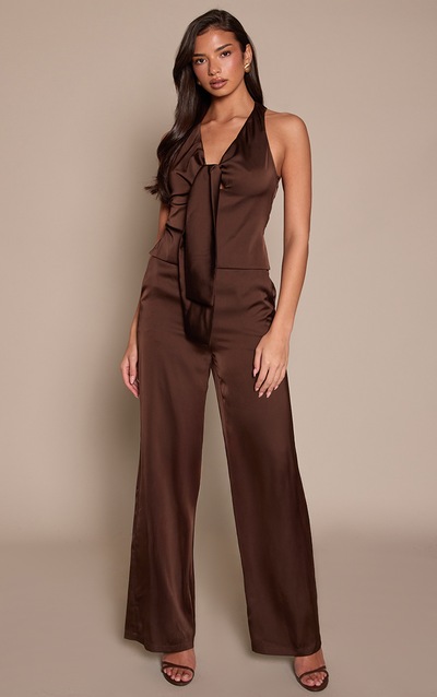 Chocolate Satin Tie Front Wide Leg Jumpsuit