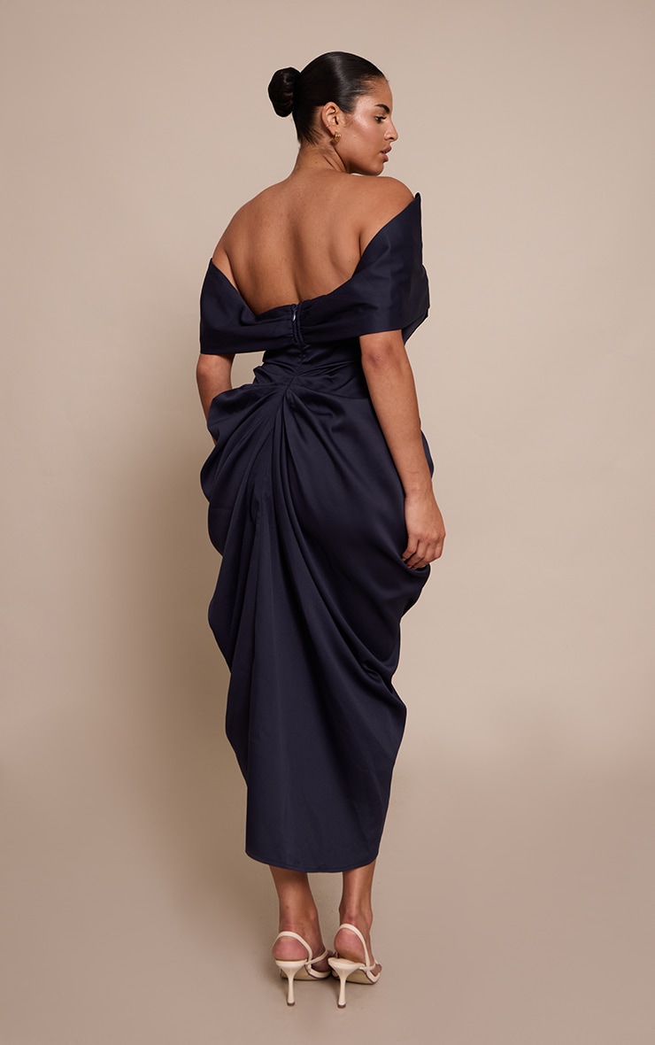 Plus Navy Corset Bardot Draped Midi Dress image 2
