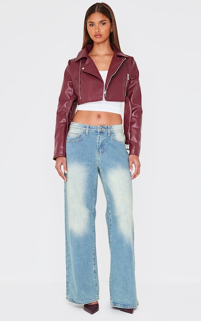 Burgundy Faux Leather Super Cropped Biker Jacket