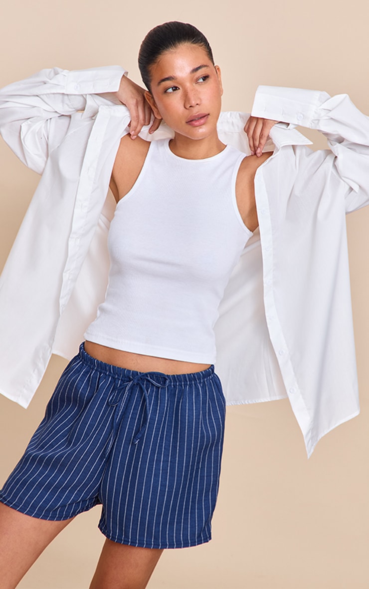 Navy Lightweight Woven Pinstripe Drawstring Shorts image 1