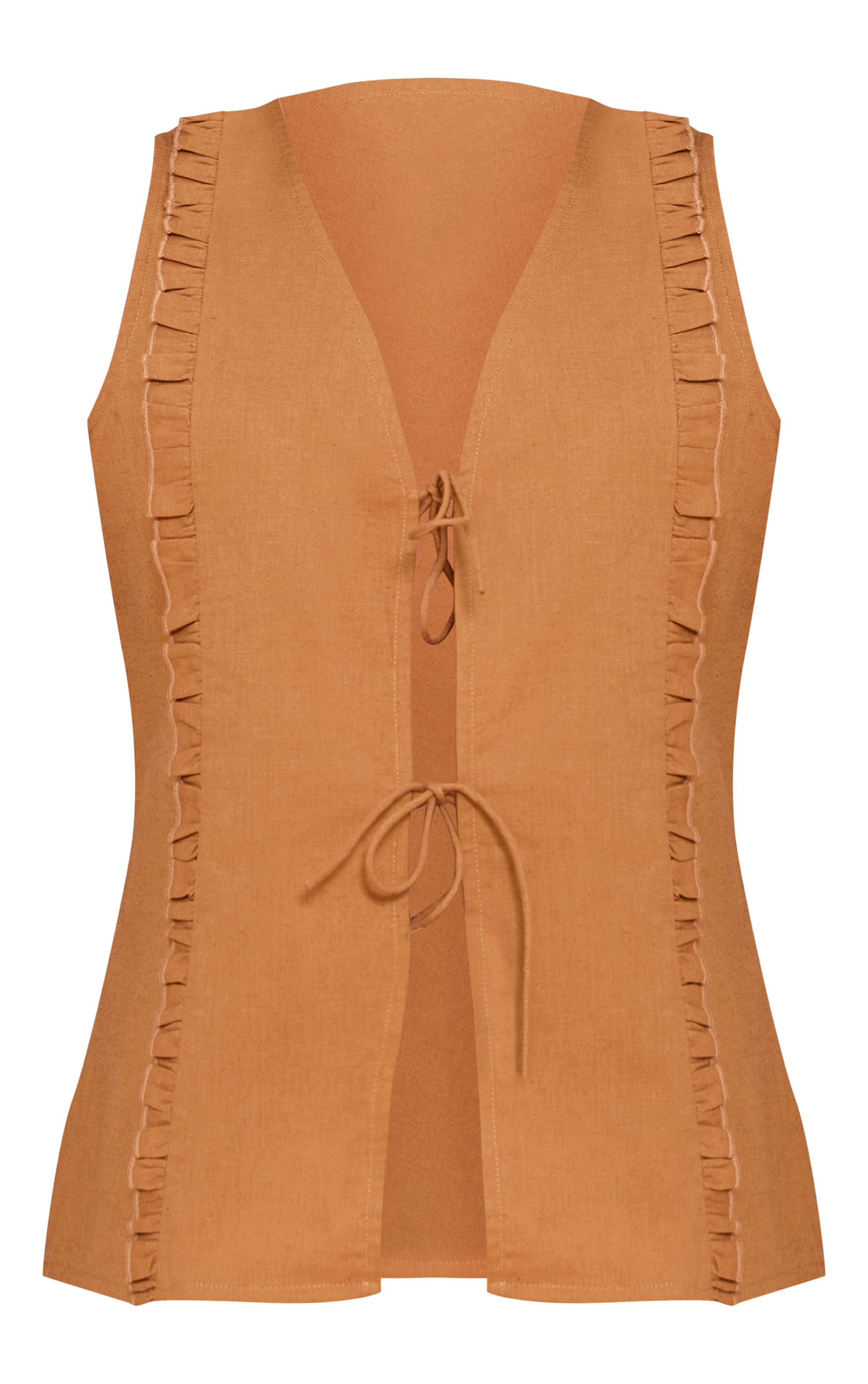 Tan Tie Front Linen Look Sleeveless Top image 5