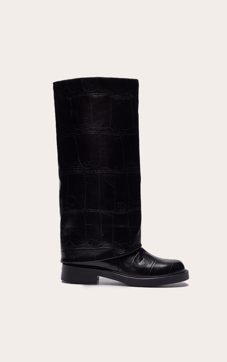 Black Croc Fold Over Knee High Boot image 2
