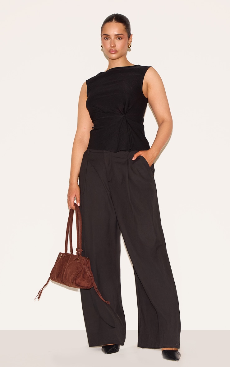 Shape Black Stretch Woven Boat Neck Pleated Peplum Top image 3