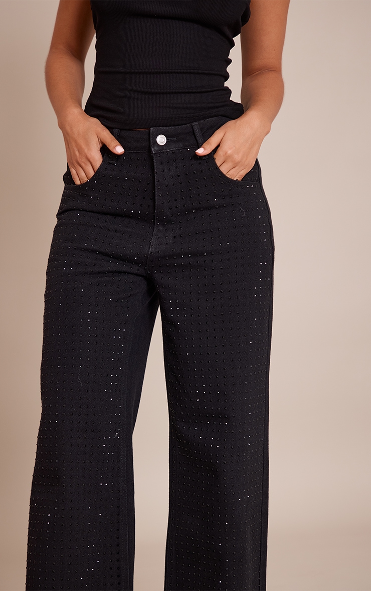 Petite Black Mid Waist Diamante Straight Leg Denim Jeans image 4