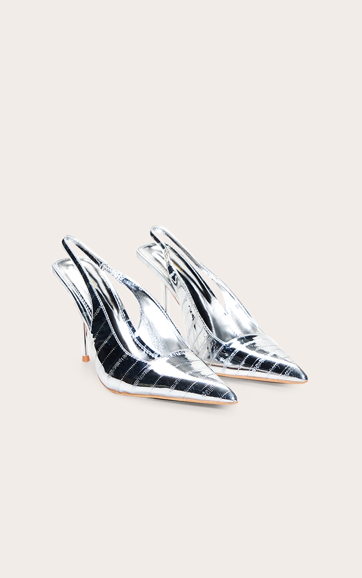 Silver Crinkle Heeled Sling Back Court Shoe image 3