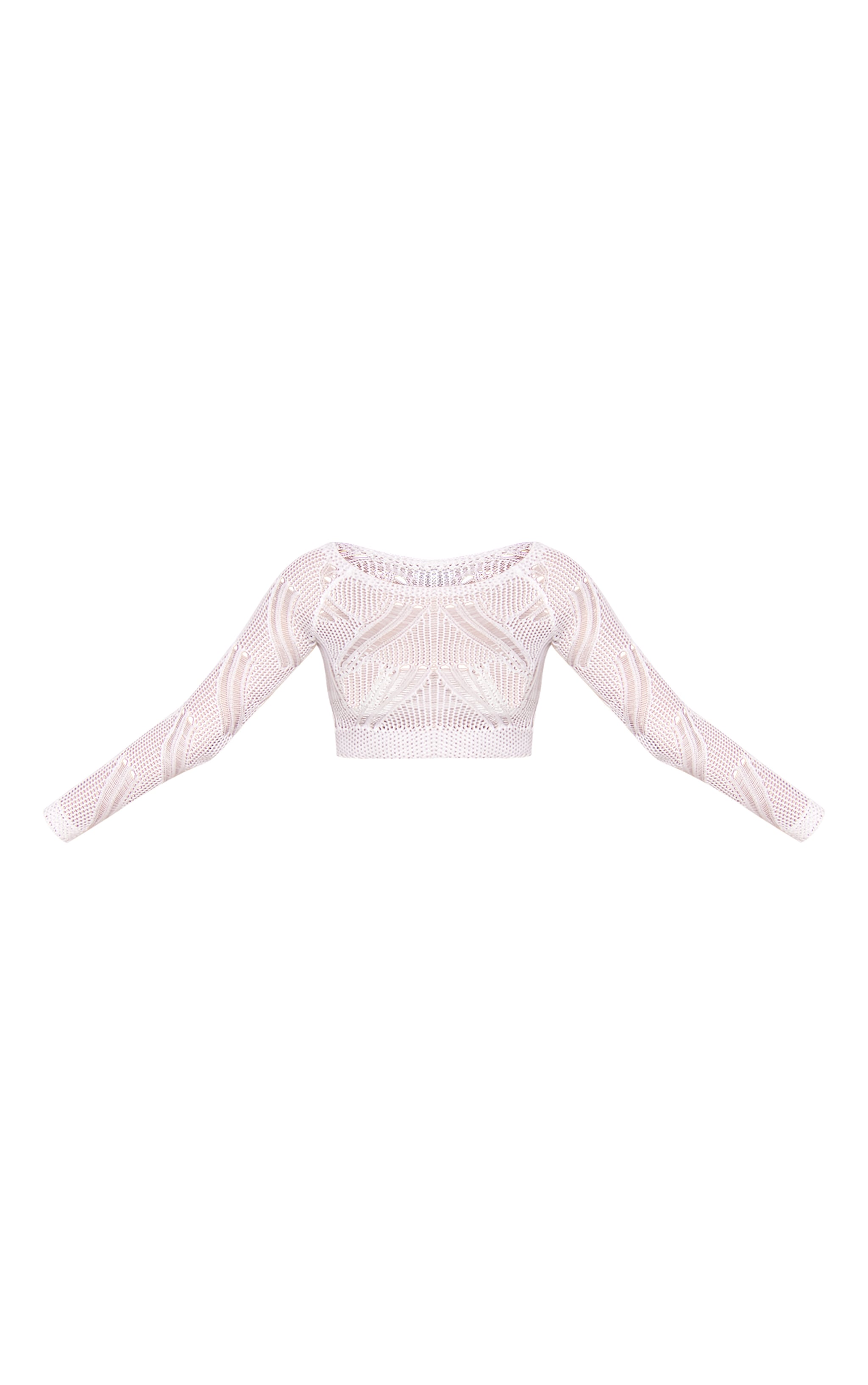 White Distressed Textured Knit Long Sleeve Crop Top image 5