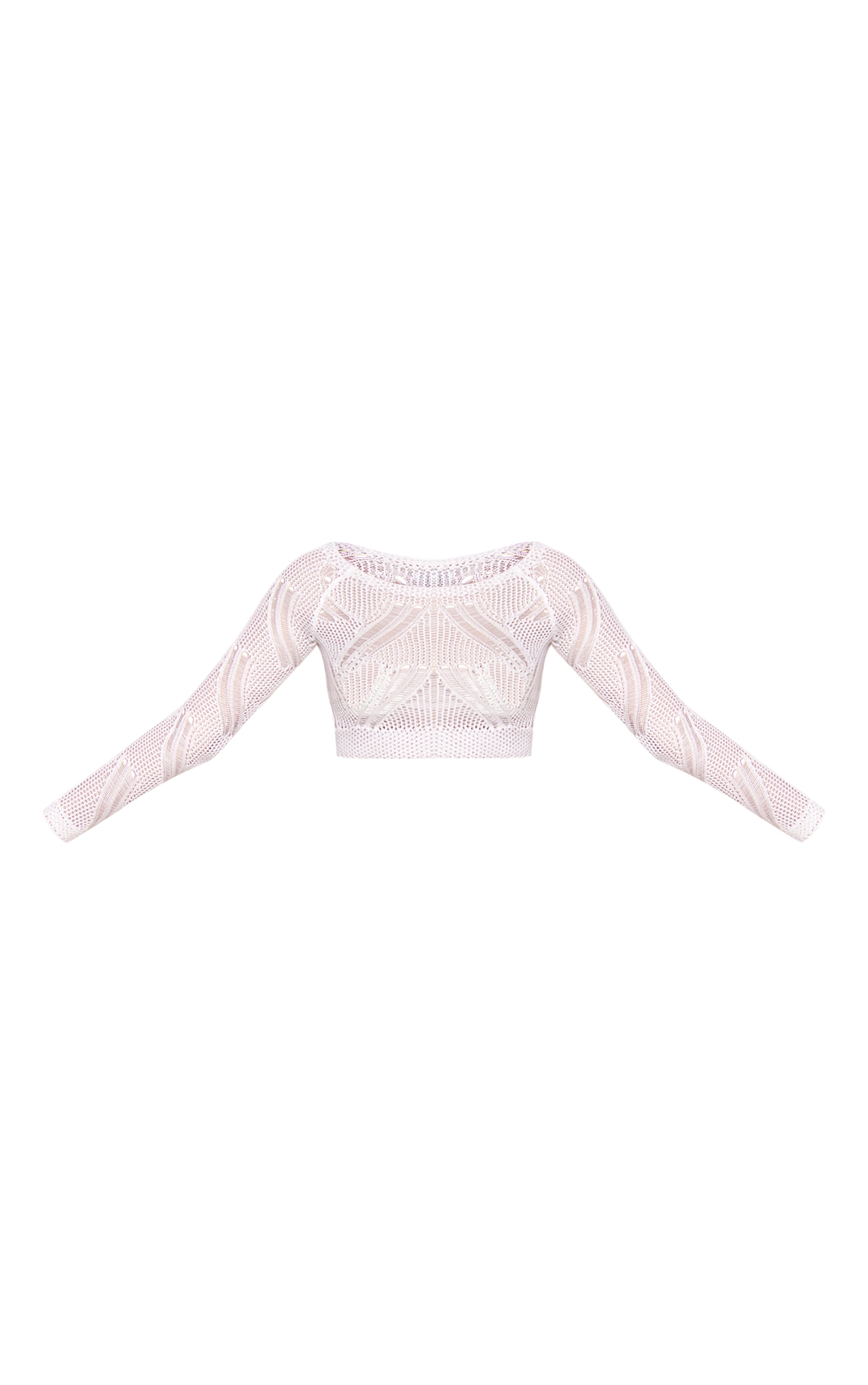 White Distressed Textured Knit Long Sleeve Crop Top image 5