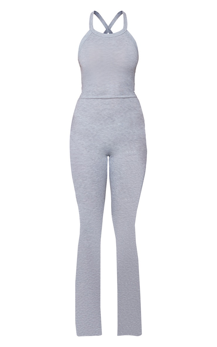 Grey Marl Ribbed Cross Strap Detail Backless Jumpsuit image 5