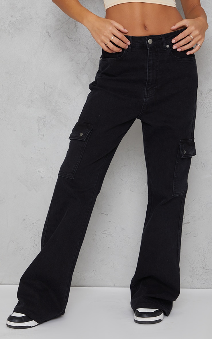 Jean skinny flare cargo noir délavé à poches image 2