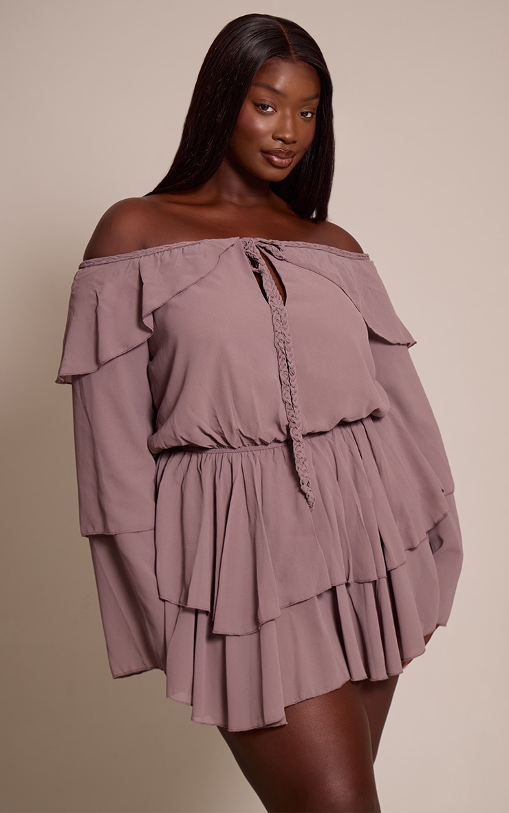 Plus Mushroom Chiffon Ruffle Detail Long Sleeve Romper image 1