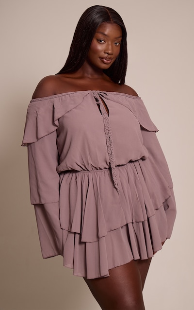 Plus Mushroom Chiffon Ruffle Detail Long Sleeve Playsuit