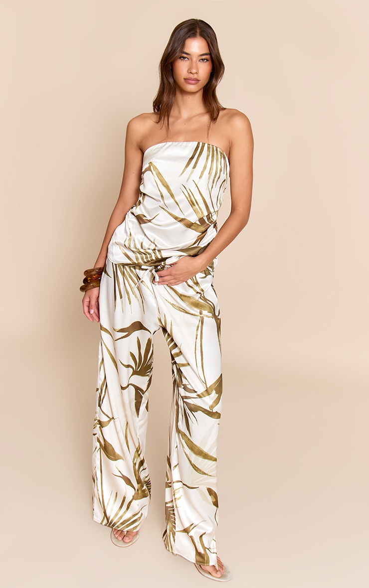 Green Leaf Print Satin Ruched Bandeau Top image 3