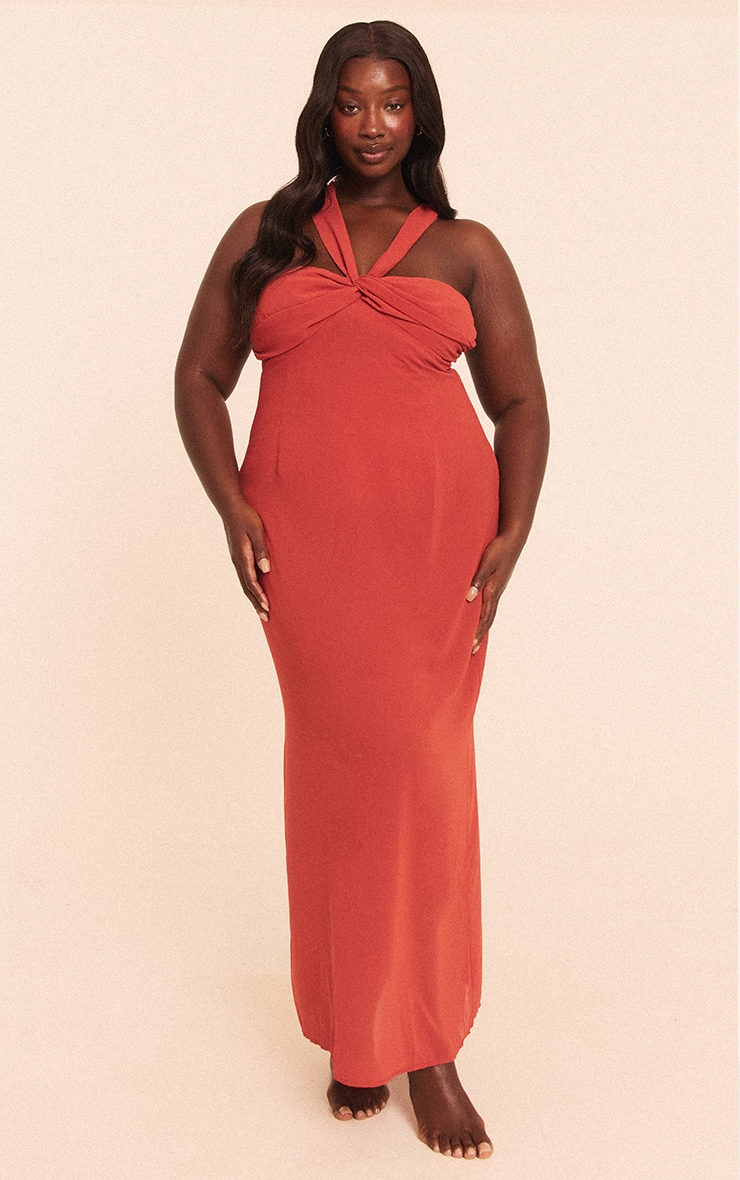 Plus Rust Ruched Chiffon Maxi Beach Dress image 1