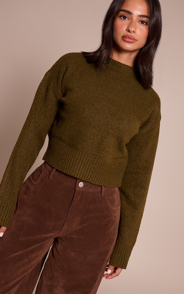 Petite Khaki Knit High Neck Crop Sweater