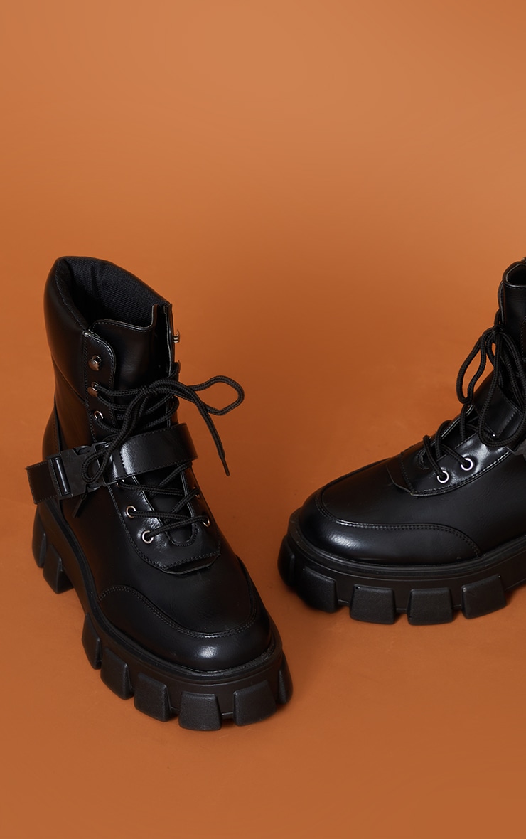 Black Extreme Chunky Sole Buckle Clasp Hiker Boots image 4