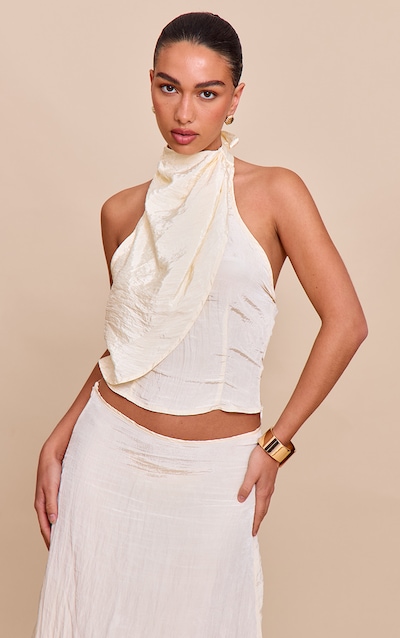 Butter Yellow Textured Woven Halterneck Top