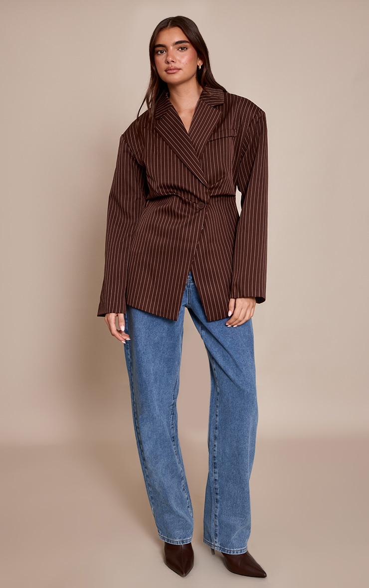 Chocolate Pinstripe Gathered Cinched Waist Blazer image 3