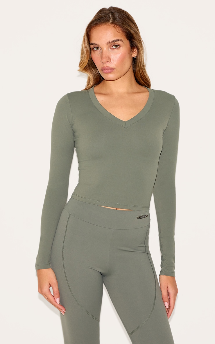 Olive Sculpt V Neck Long Sleeve Top image 1