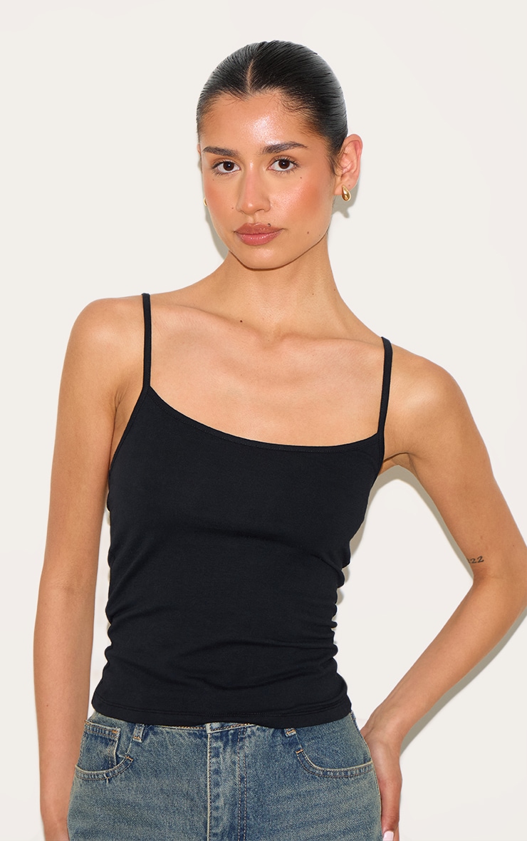 Tall Black Soft Cotton Strappy Vest Top image 4