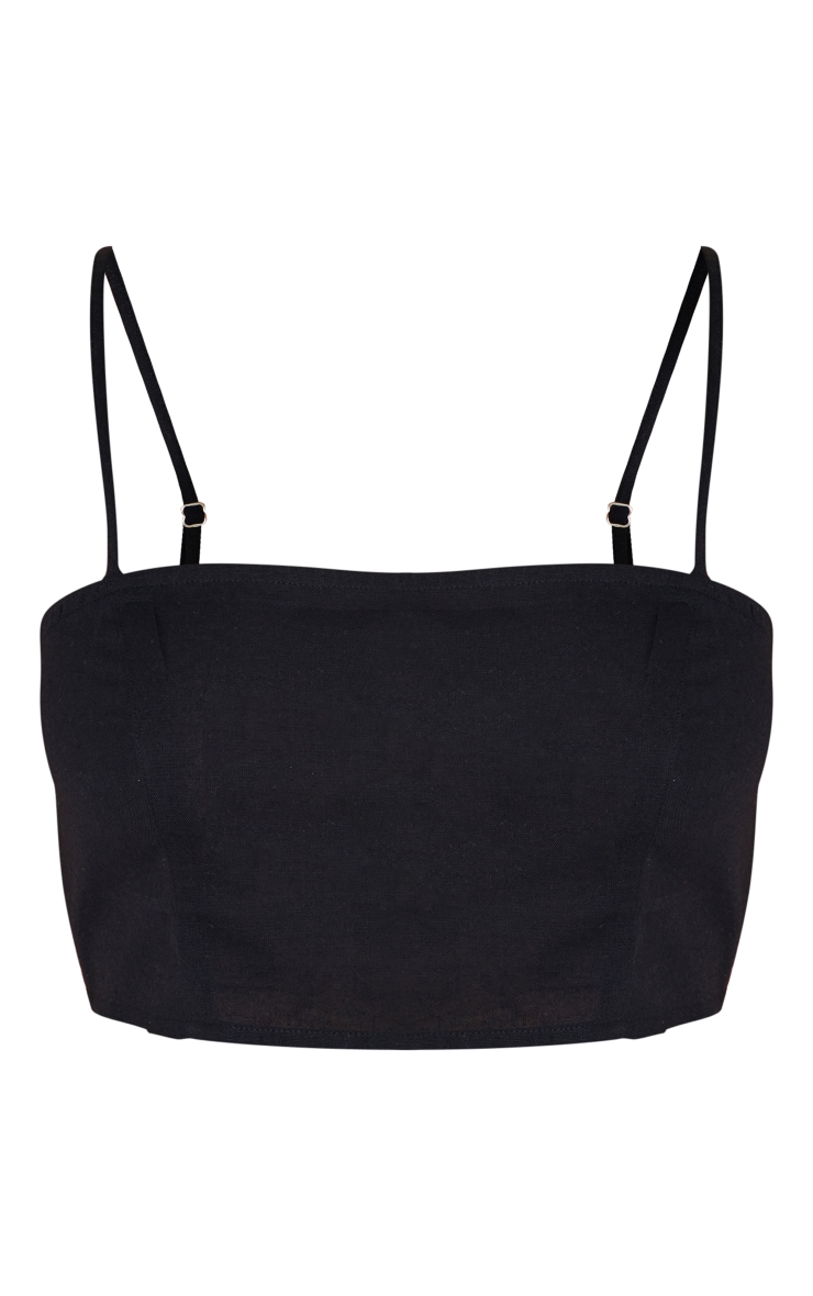 Black Linen Look Strappy Crop Top image 5