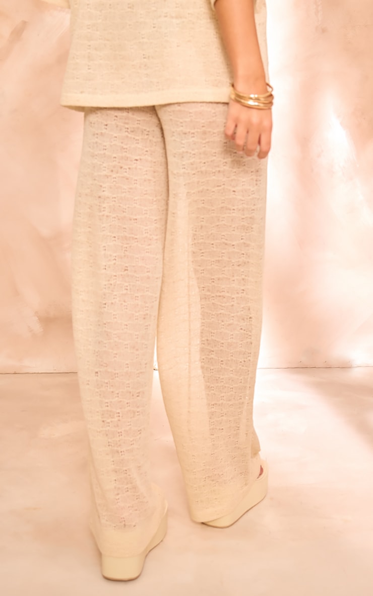 Beige Textured Wide Leg Pants image 3