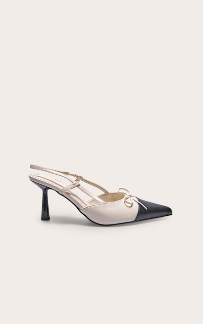 Black and Cream Pu Point Toe Bow Detail High Stiletto Court Heels