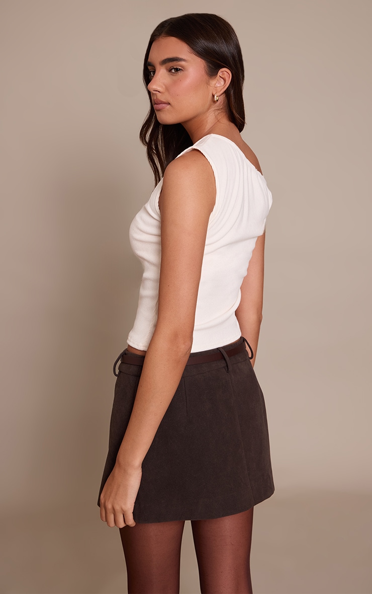 Cream Soft Brushed Rib Asymmetric Neckline Long Top image 2