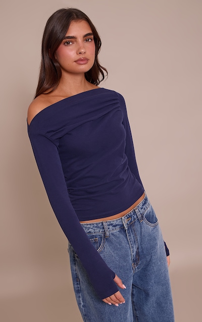 Dark Indigo Soft Cotton Ruched Asymmetric Long Sleeve Top