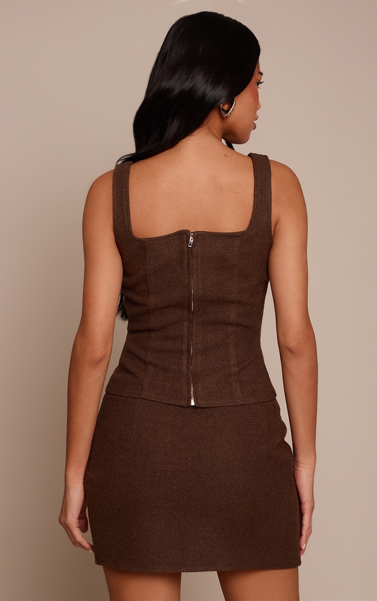 Dark Brown Twill Tailored Square Neck Zip Though Top image 2