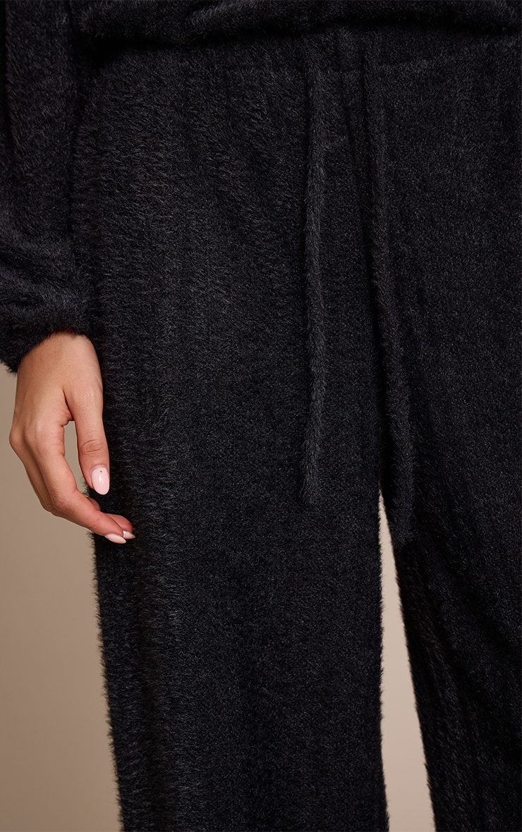 Black Textured Wide Leg Drawstring Pants image 4