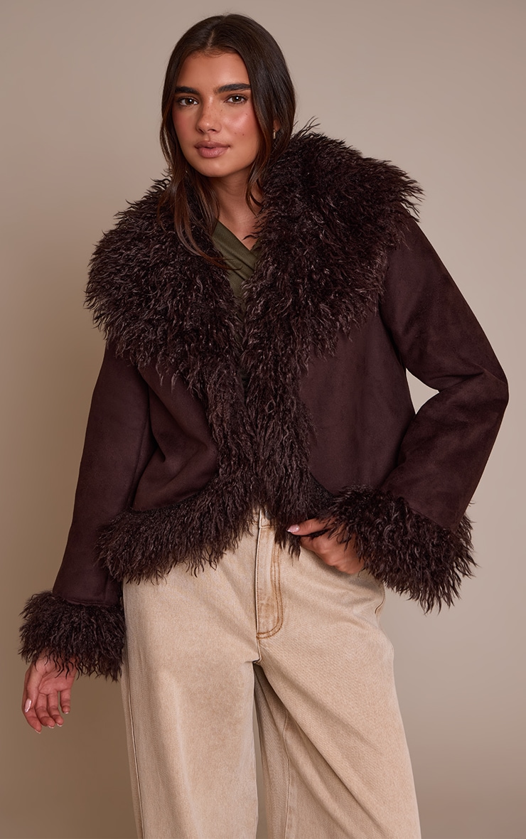 Dark Chocolate Faux Suede Trim Detail Coat