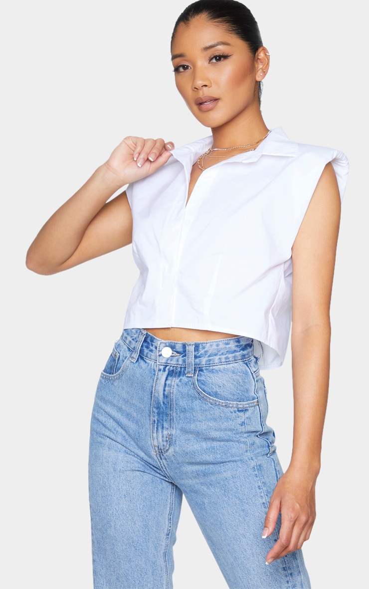 White Woven Shoulder Pad Cropped Sleeveless Shirt