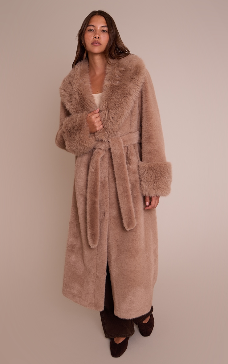 Manteau oversize en fausse fourrure gris champignon à nouer image 1