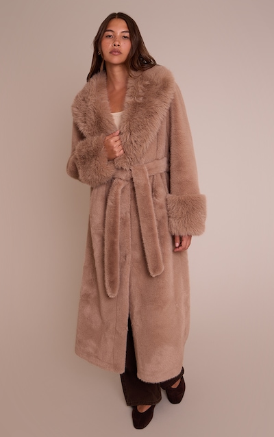 Manteau oversize en fausse fourrure gris champignon à nouer