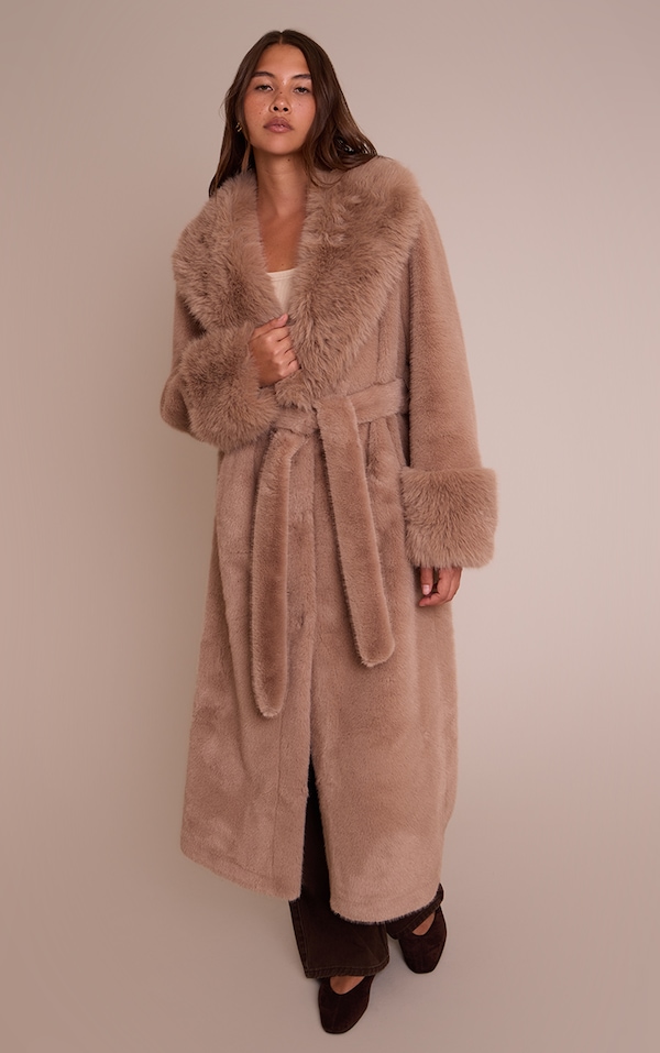 Manteau oversize en fausse fourrure gris champignon à nouer